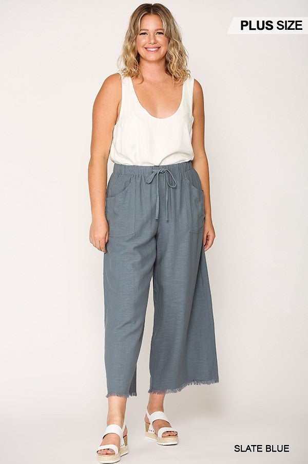 Frayed Wide Leg Pants With Pockets in Slate Blue