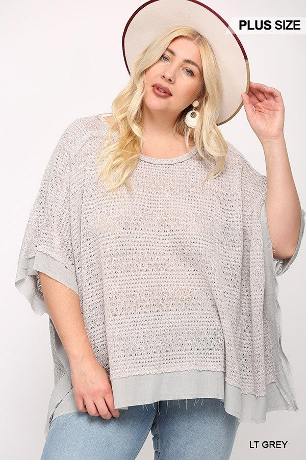 Light Knit And Woven Mixed Boxy Top With Poncho Sleeve Light Grey