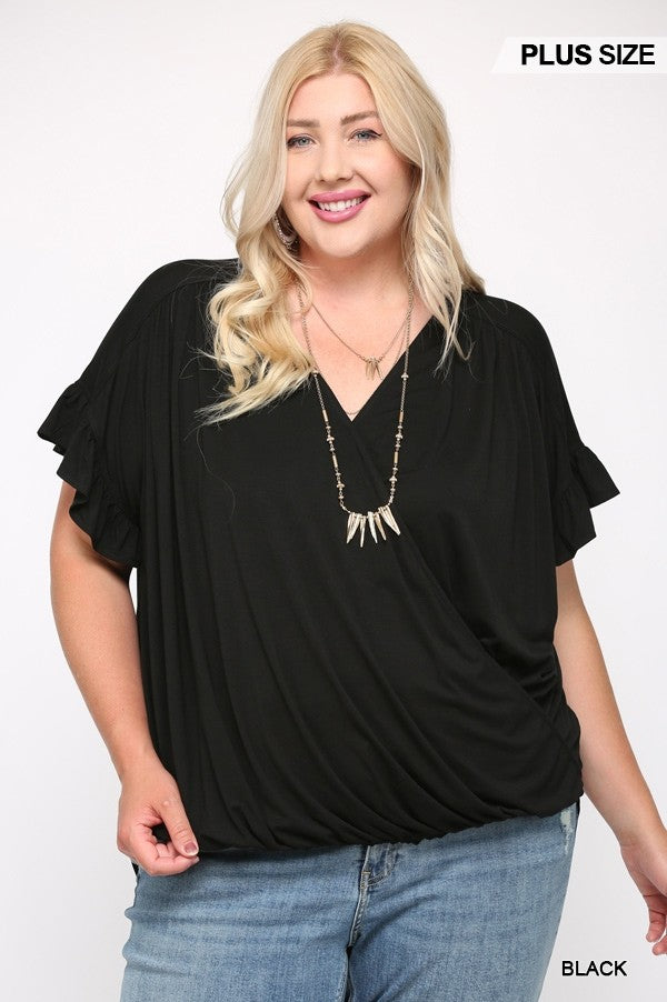 Solid Viscose Knit Surplice Top With Ruffle Sleeve Black