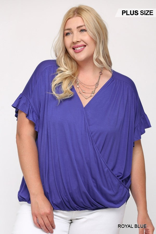 Solid Viscose Knit Surplice Top With Ruffle Sleeve in Royal Blue