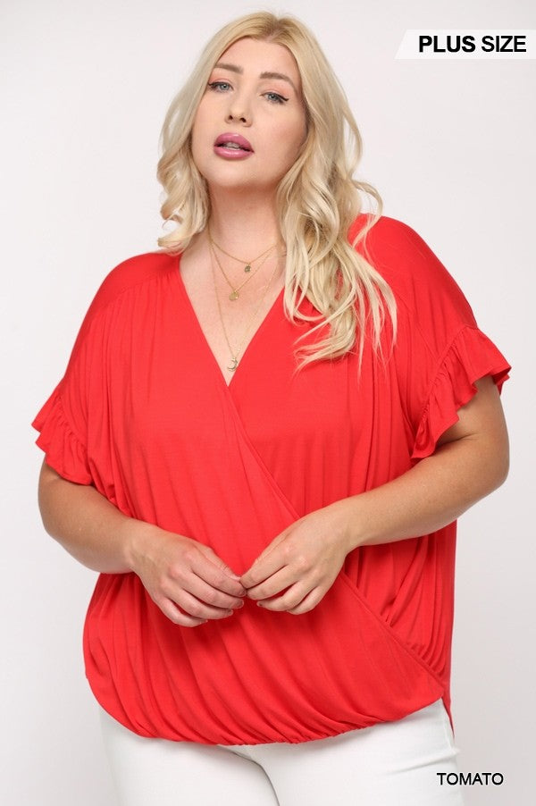 Solid Viscose Knit Surplice Top With Ruffle Sleeve in Tomato