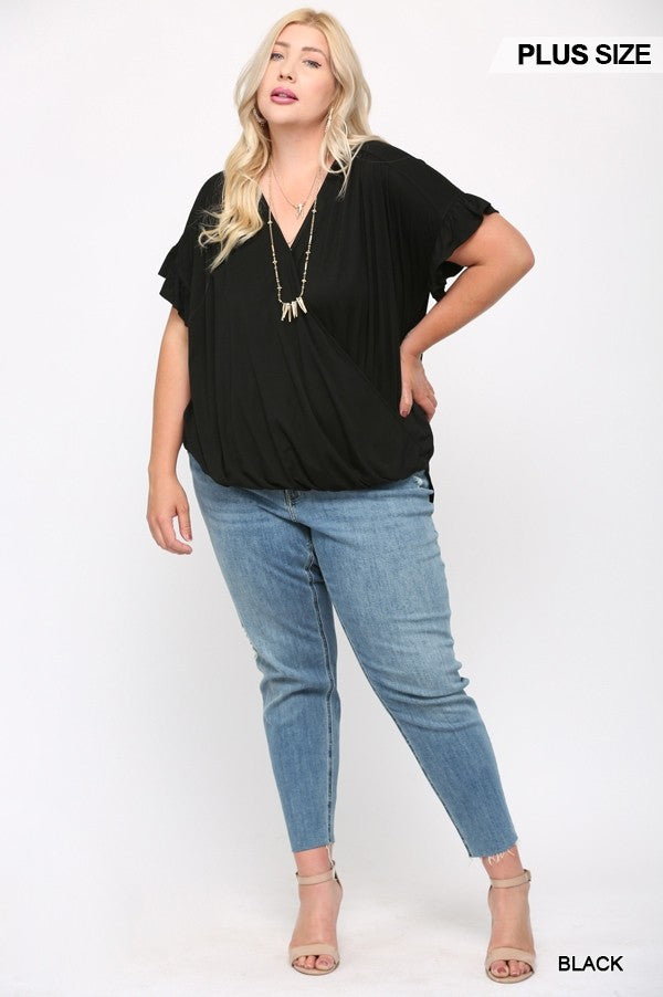 Solid Viscose Knit Surplice Top With Ruffle Sleeve Black