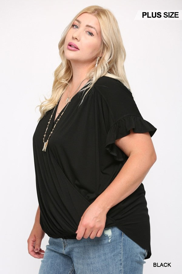 Solid Viscose Knit Surplice Top With Ruffle Sleeve Black