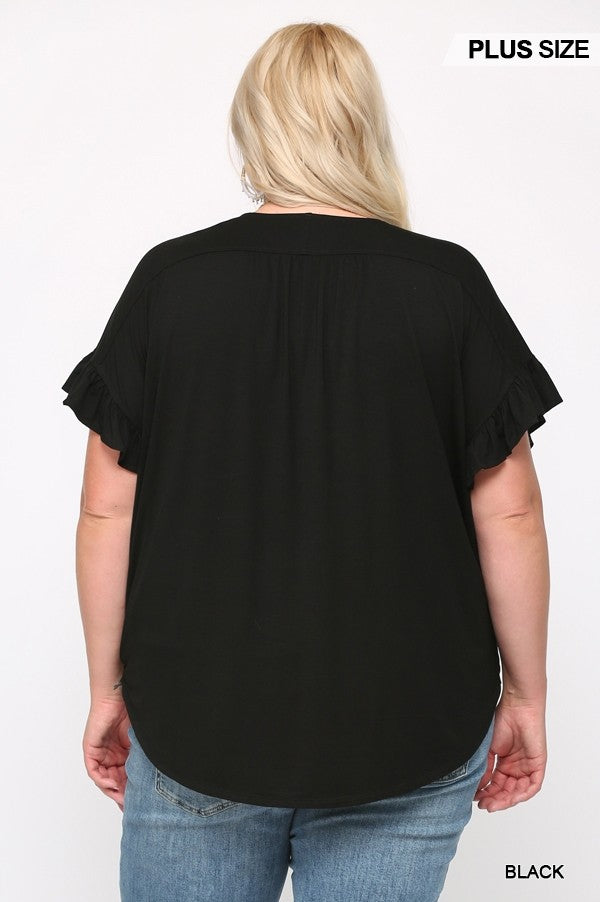 Solid Viscose Knit Surplice Top With Ruffle Sleeve Black