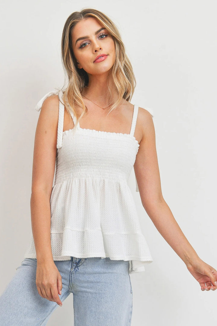 Smocking Bust With Self Tie Straps Sleeveless Waffle Top in Ivory