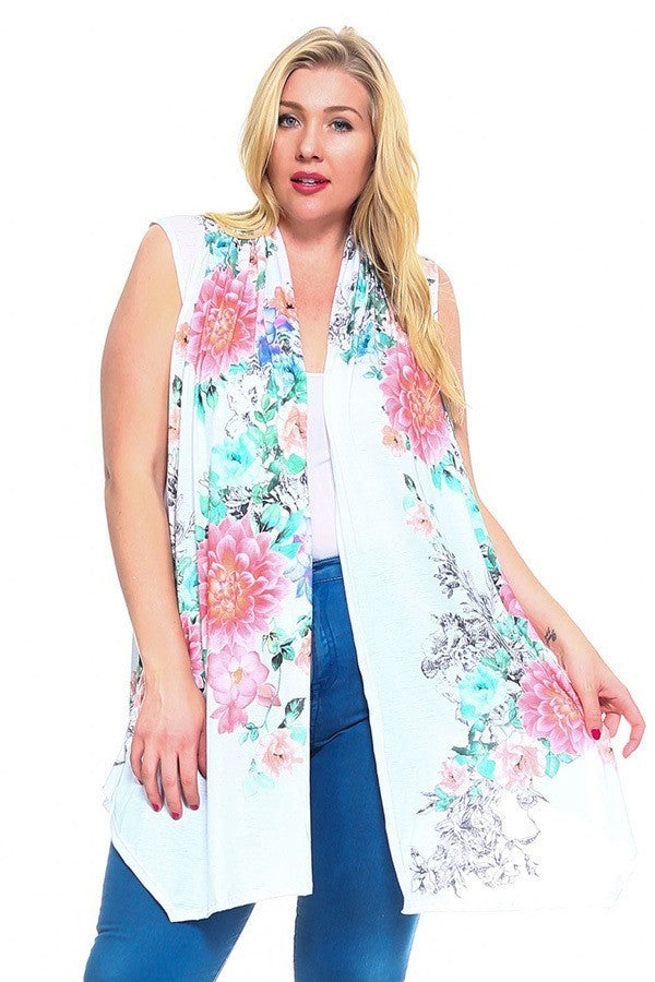 Floral Print, Open Front Vest With An Asymmetric Hem