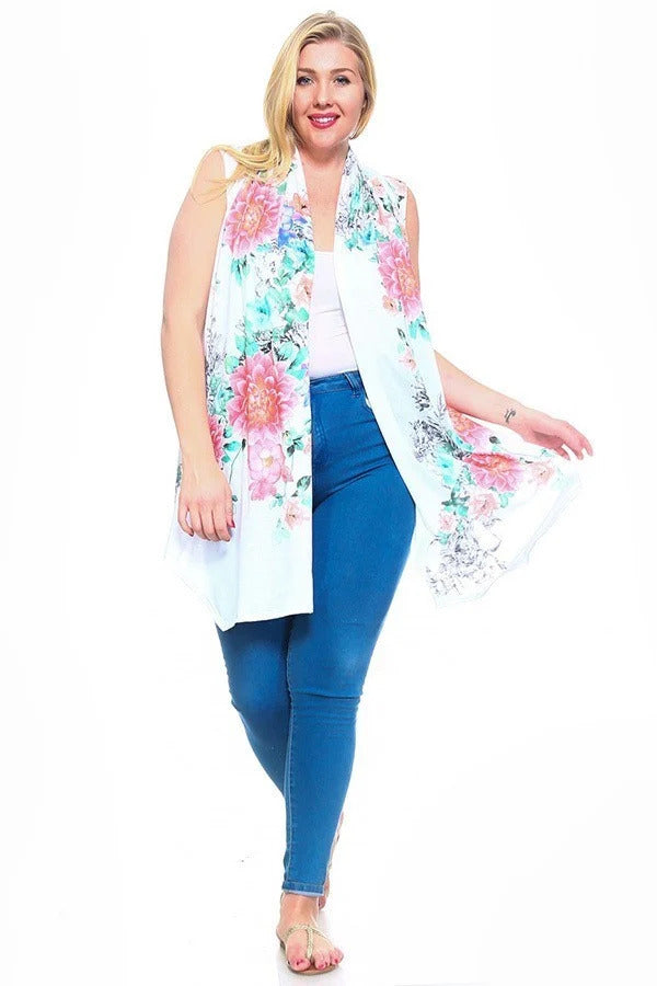 Floral Print, Open Front Vest With An Asymmetric Hem