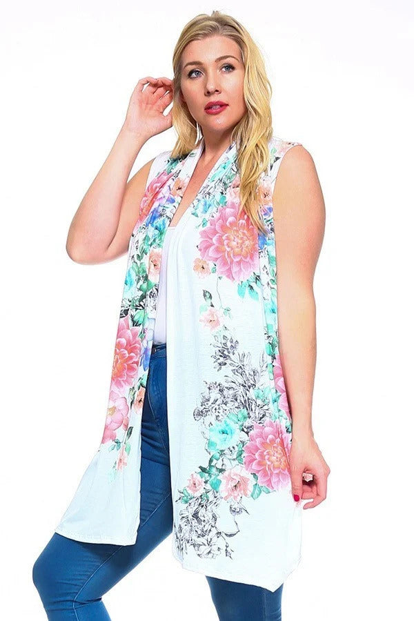 Floral Print, Open Front Vest With An Asymmetric Hem