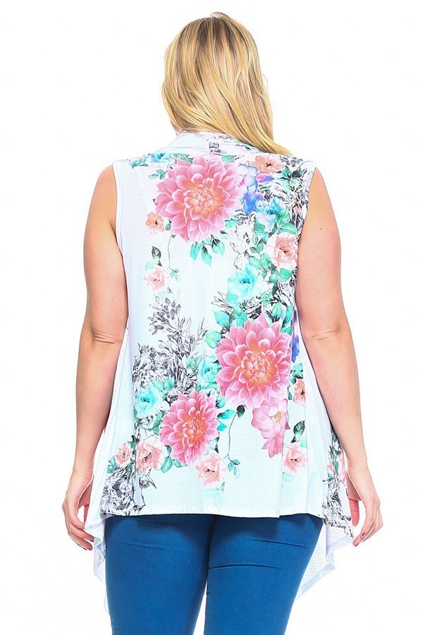 Floral Print, Open Front Vest With An Asymmetric Hem