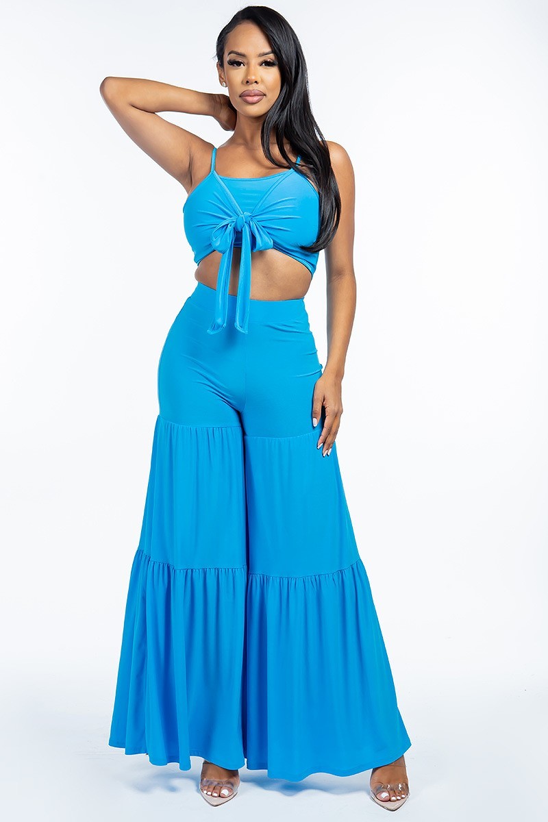 Solid Tie Front Spaghetti Strap Tank Top And Tiered Wide Leg Pants