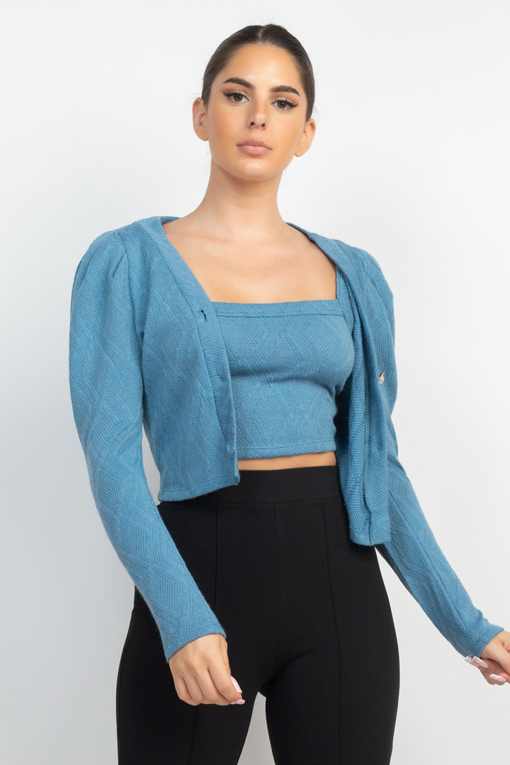 Geometric Cami Puff Sleeves Blazer Top Outfit Set