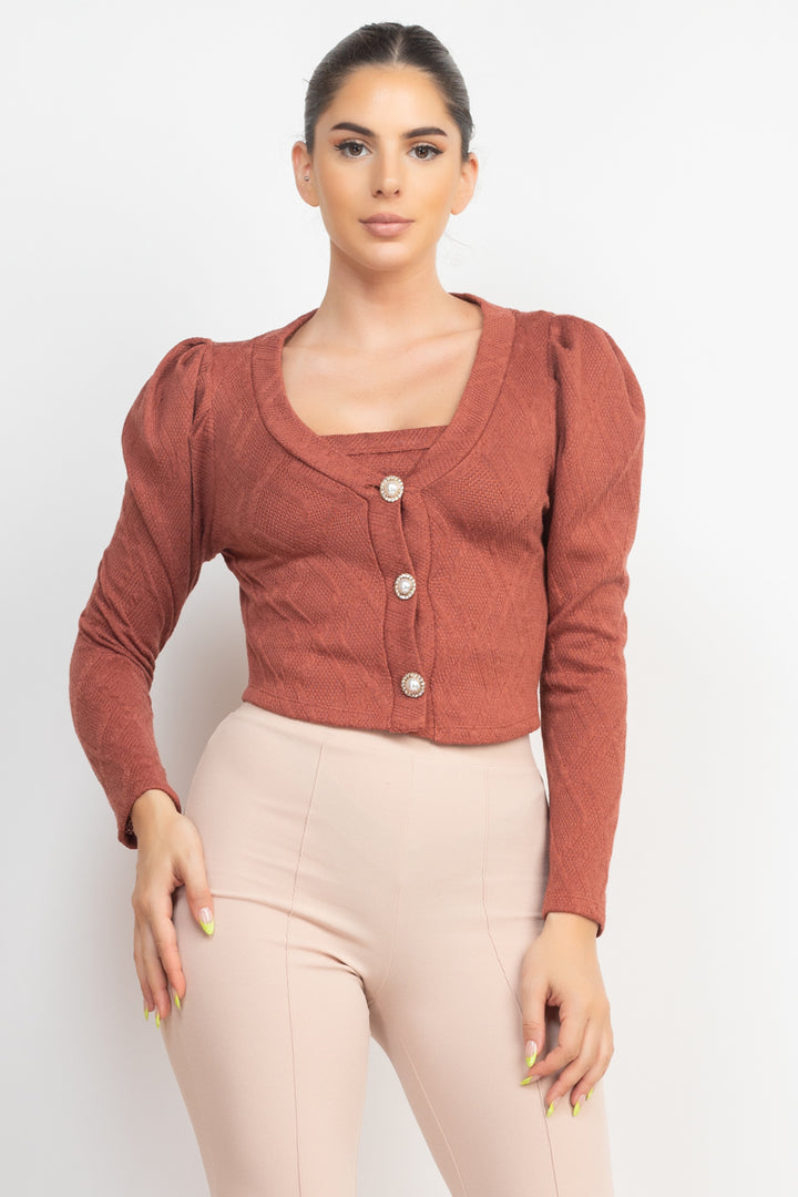 Geometric Cami Puff Sleeves Blazer Top Outfit Set