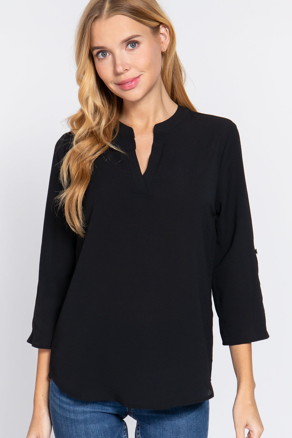 3/4 Roll Up Sleeve Woven Blouse