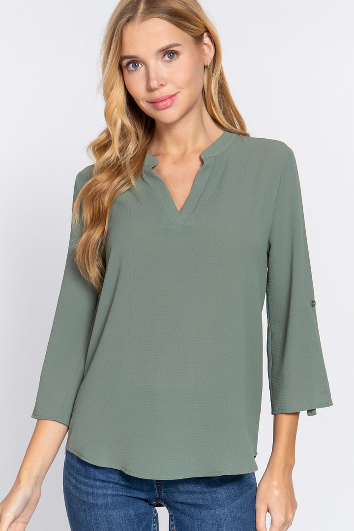 3/4 Roll Up Sleeve Woven Blouse