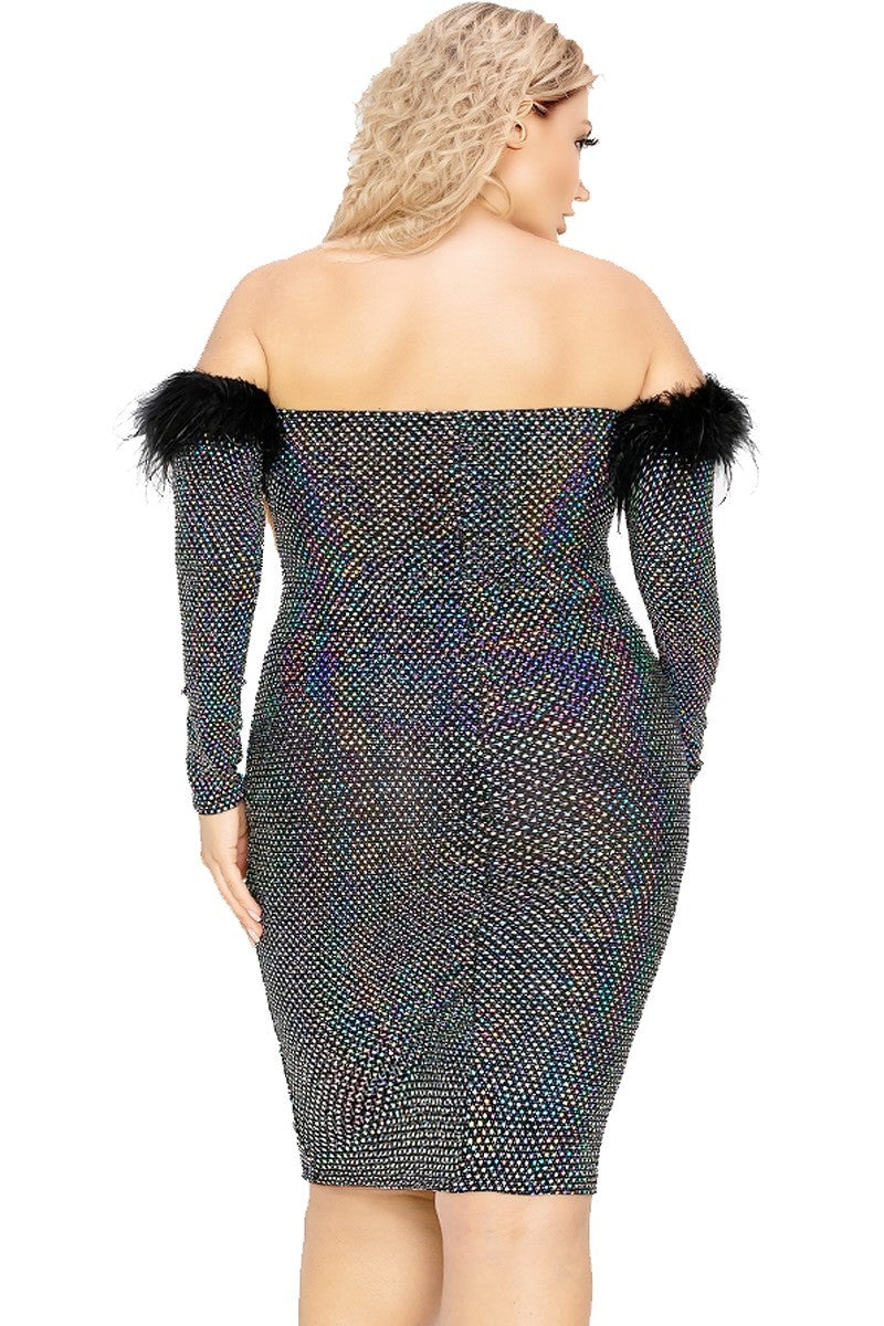 Plus Off Shoulder Feather Trim Detail Sequin Dress