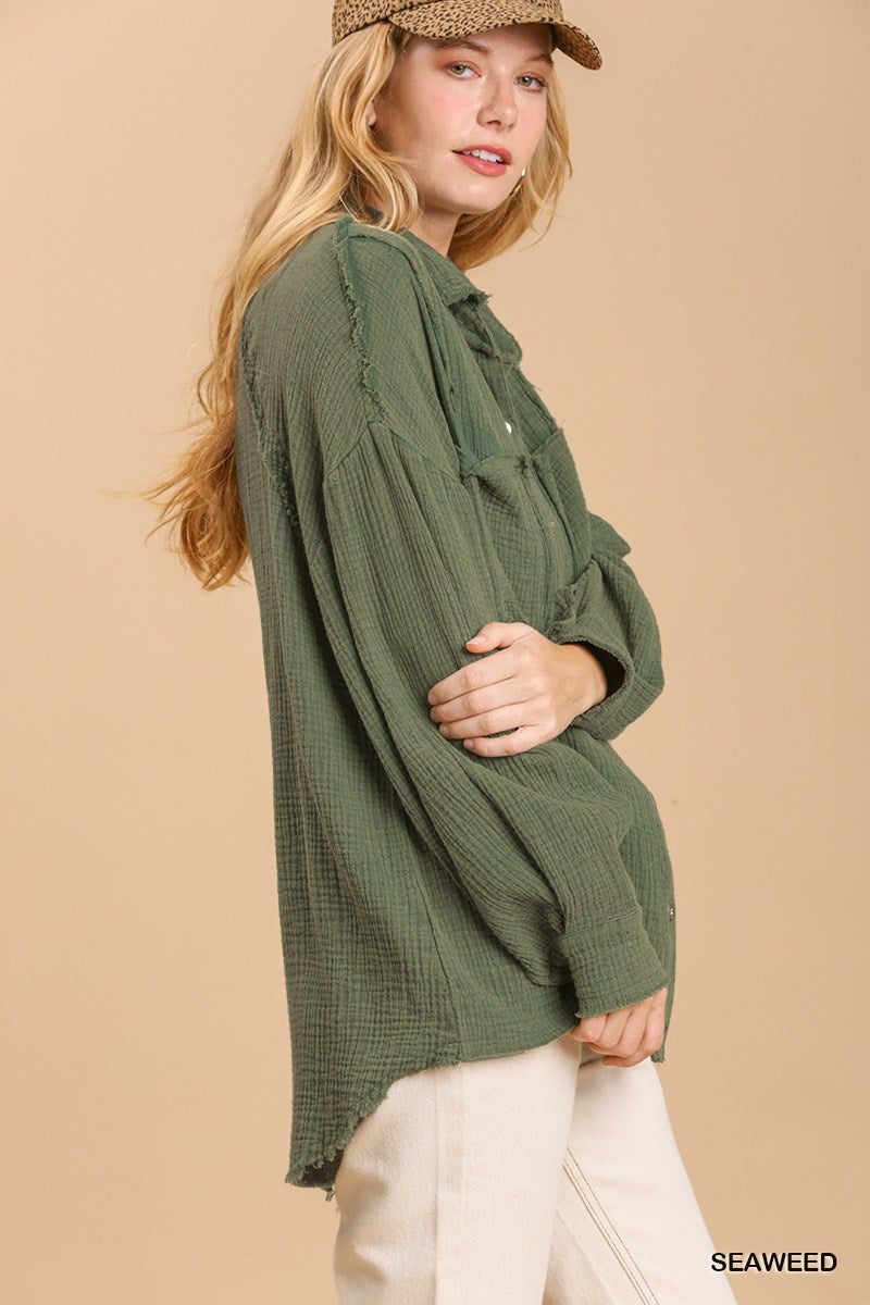 Mineral Wash Button Down Top with High Low Hem