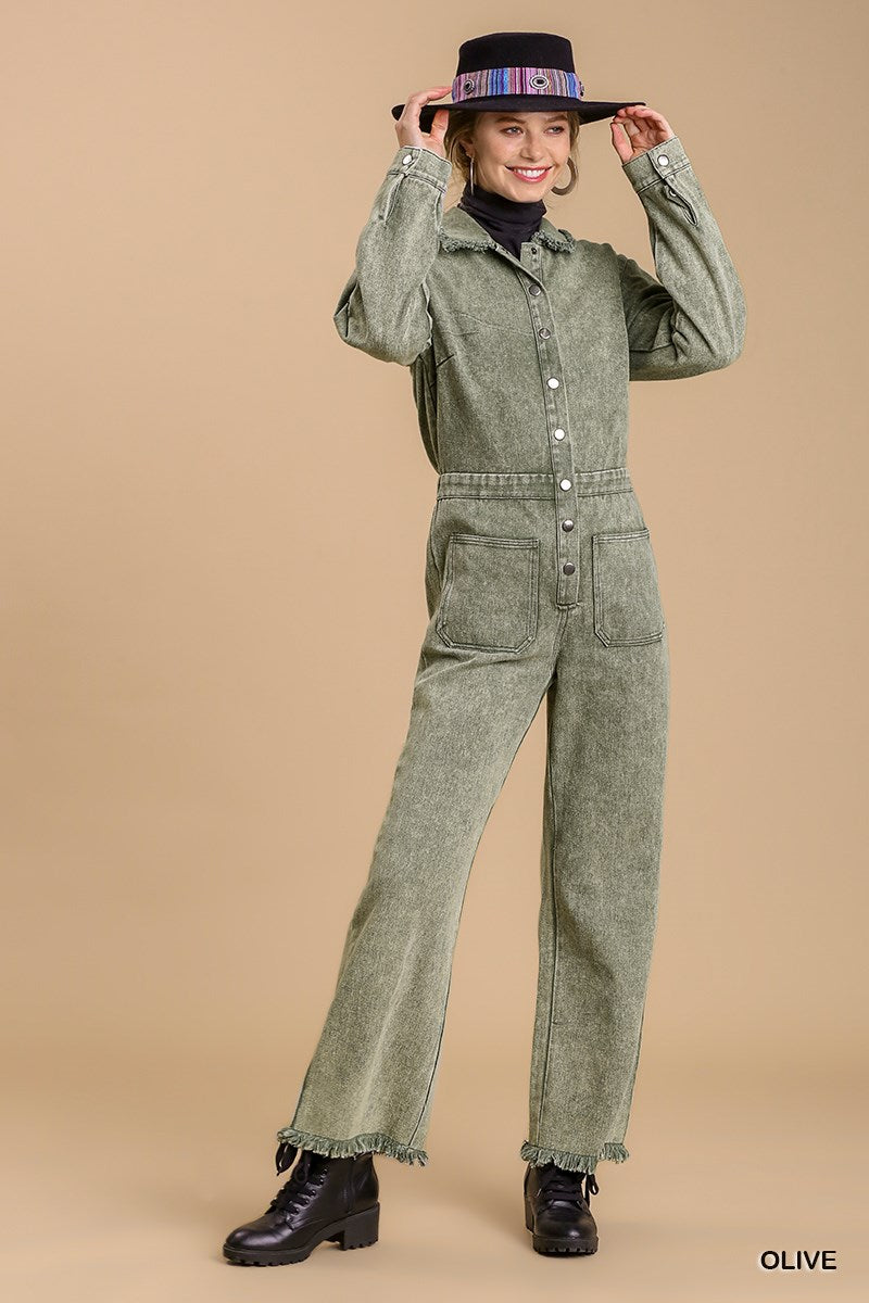 Mid Button Down Stone Wash Wide Leg Distressed Jumpsuit