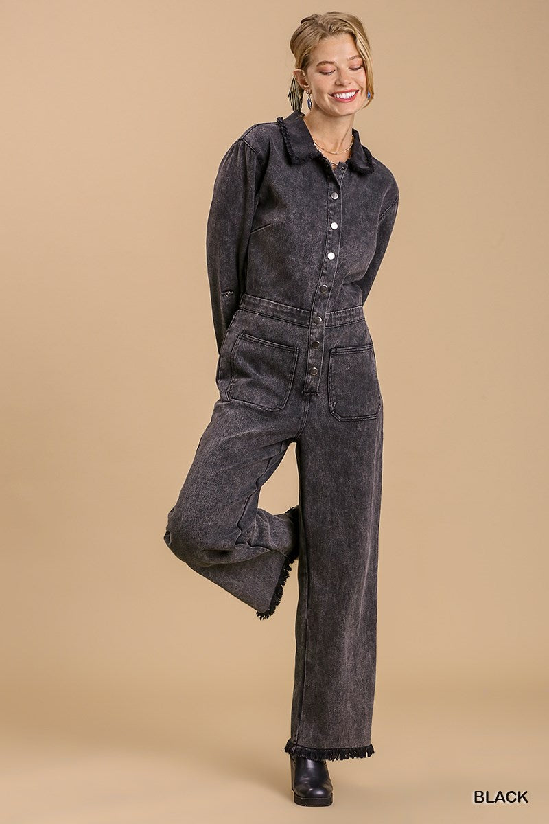 Mid Button Down Stone Wash Wide Leg Distressed Jumpsuit
