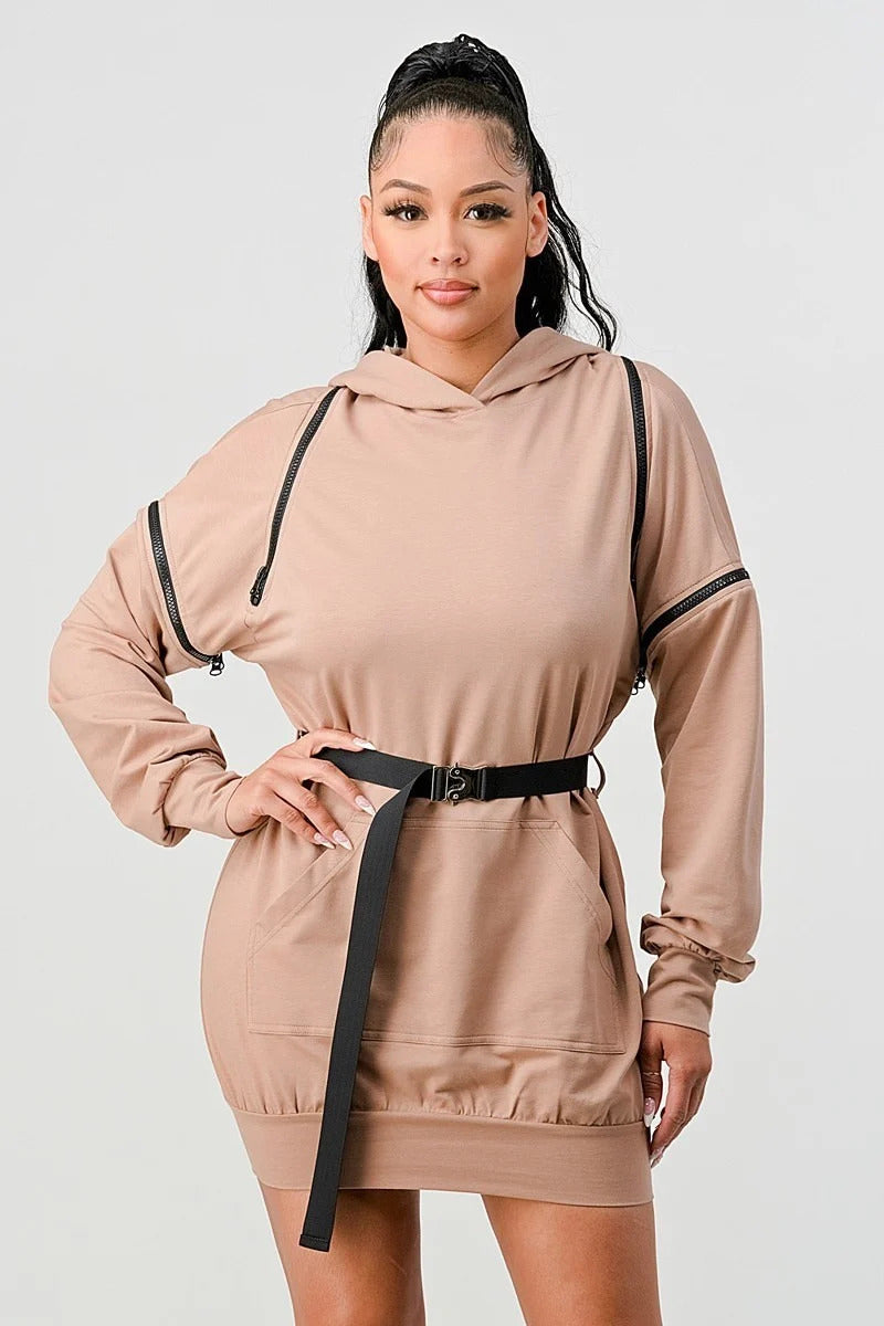 Double Zipper Long Sleeve Hooded Mini Dress in Nude