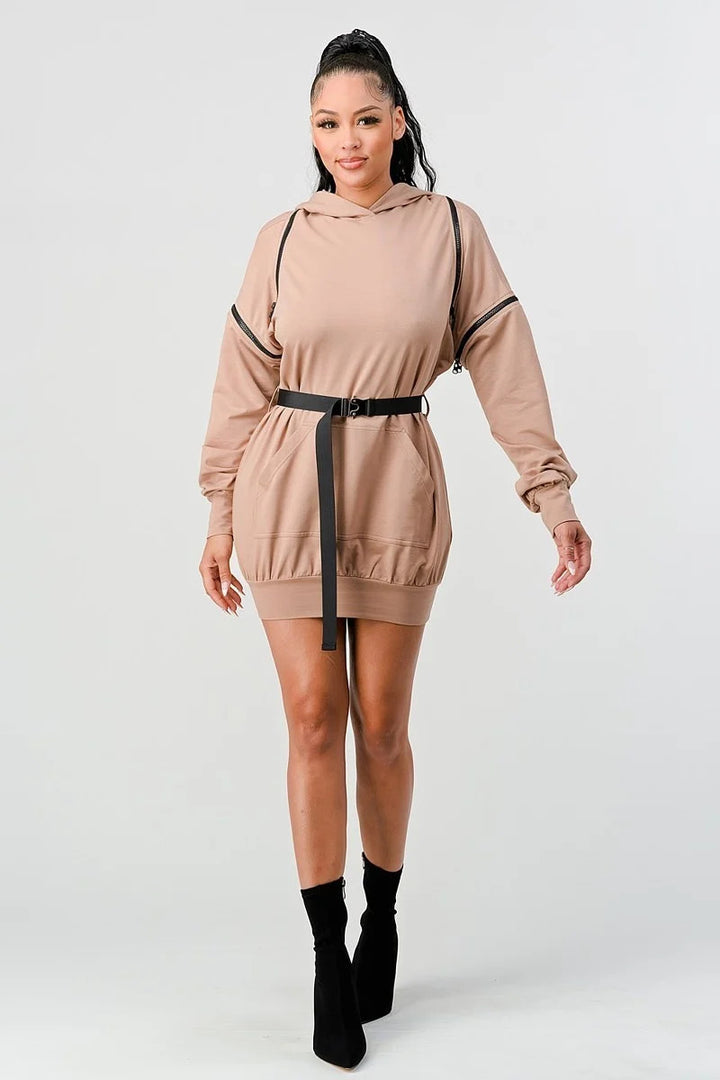 Double Zipper Long Sleeve Hooded Mini Dress in Nude