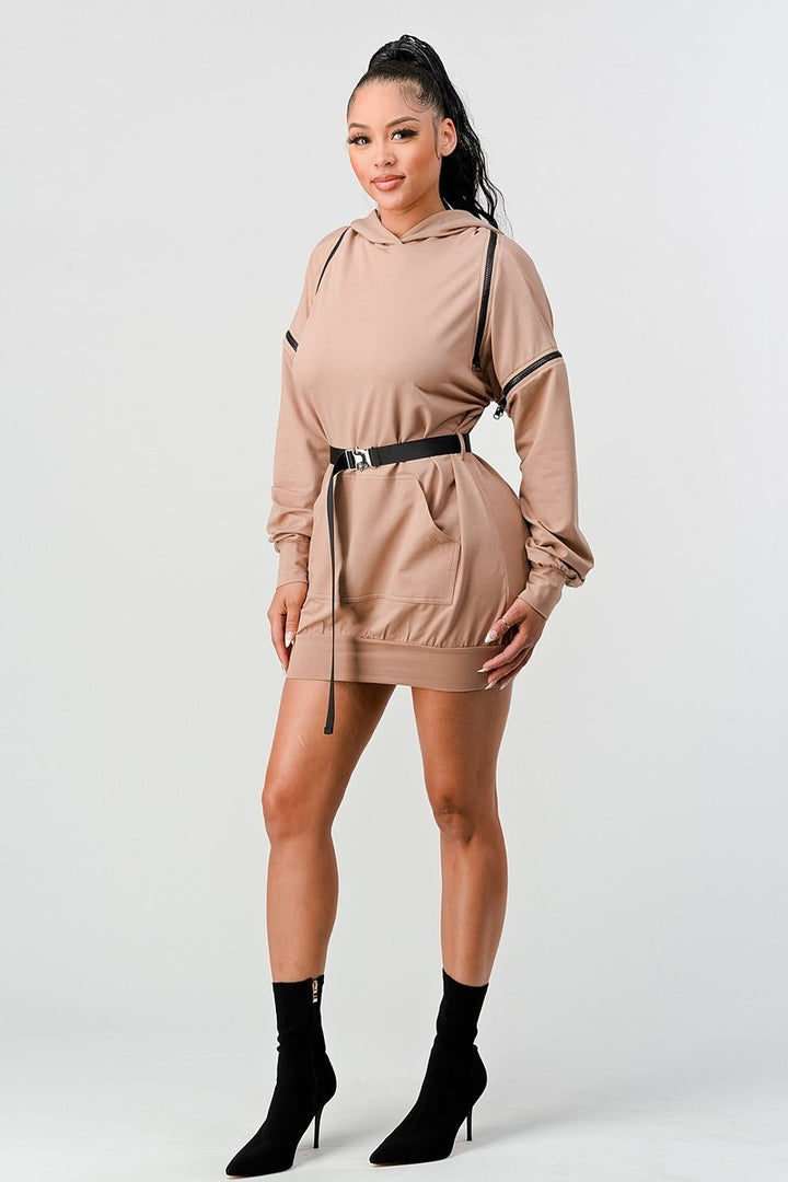 Double Zipper Long Sleeve Hooded Mini Dress in Nude