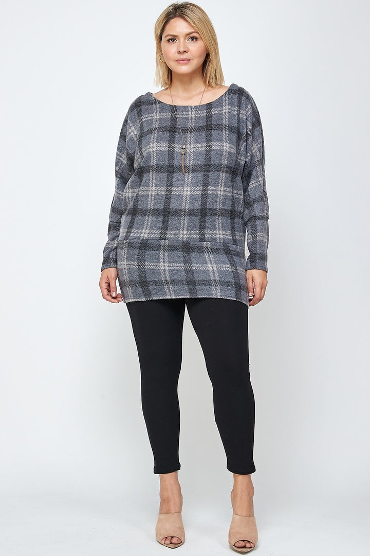 Boat Neck, Plaid Print Tunic Top, With Long Dolman Sleeves