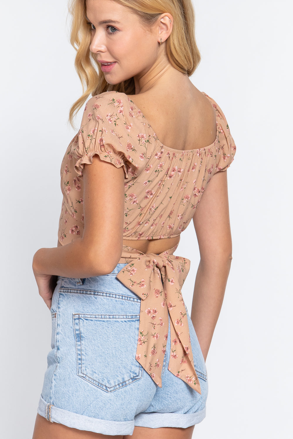 Short Sleeve Print Crop Woven Top