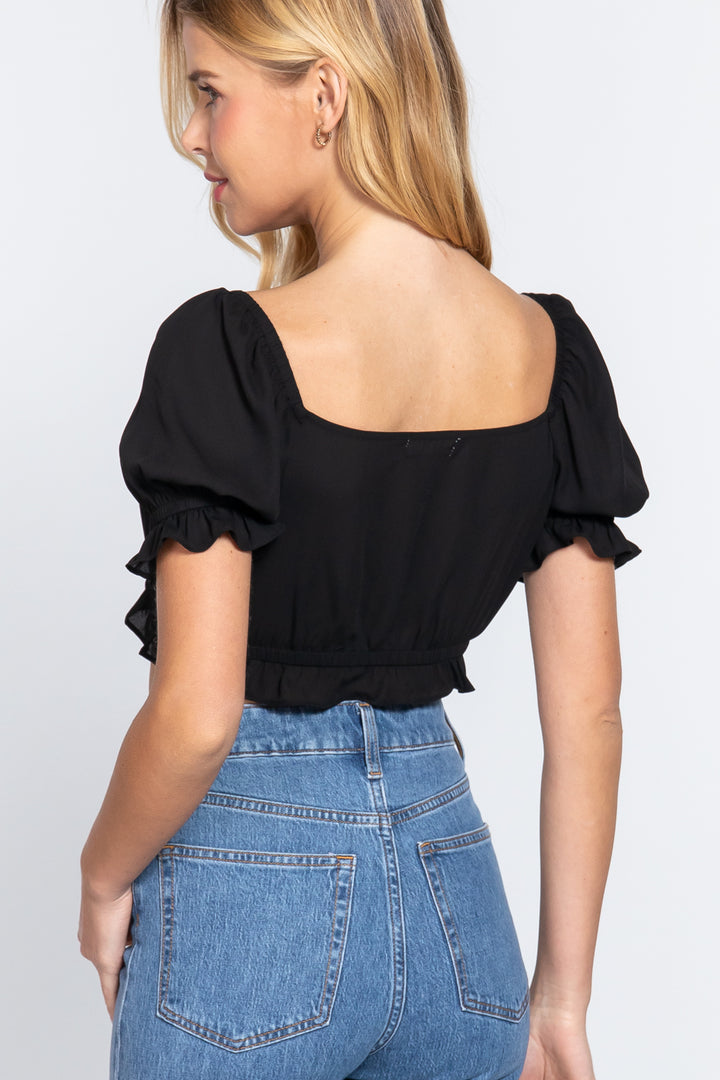 Short Sleeve Print Crop Woven Top