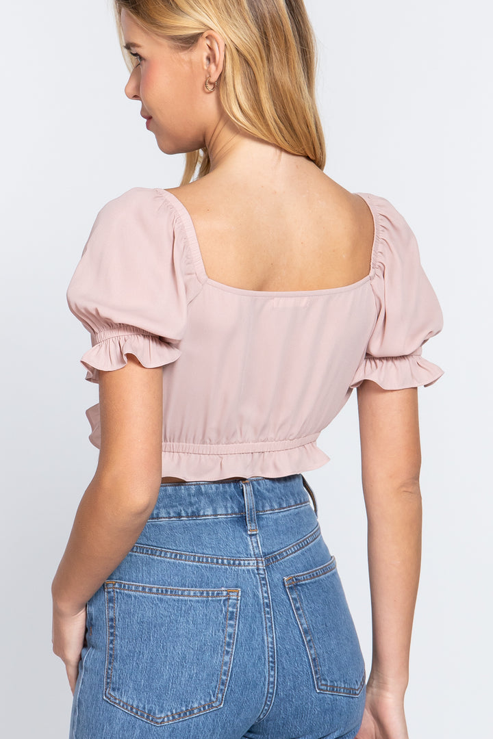 Short Sleeve Print Crop Woven Top