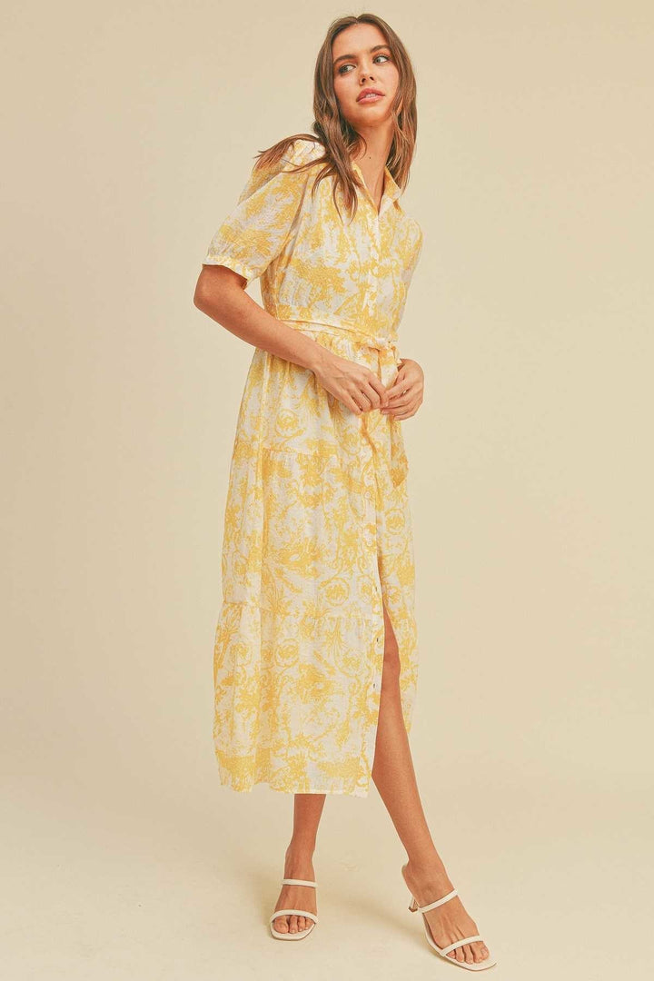 Button Closure Waist Belt Puff Sleeve Dress