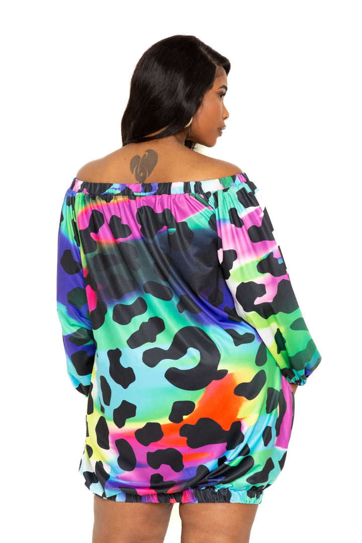 Electric Leopard Off Shoulder Bubble Mini Dress