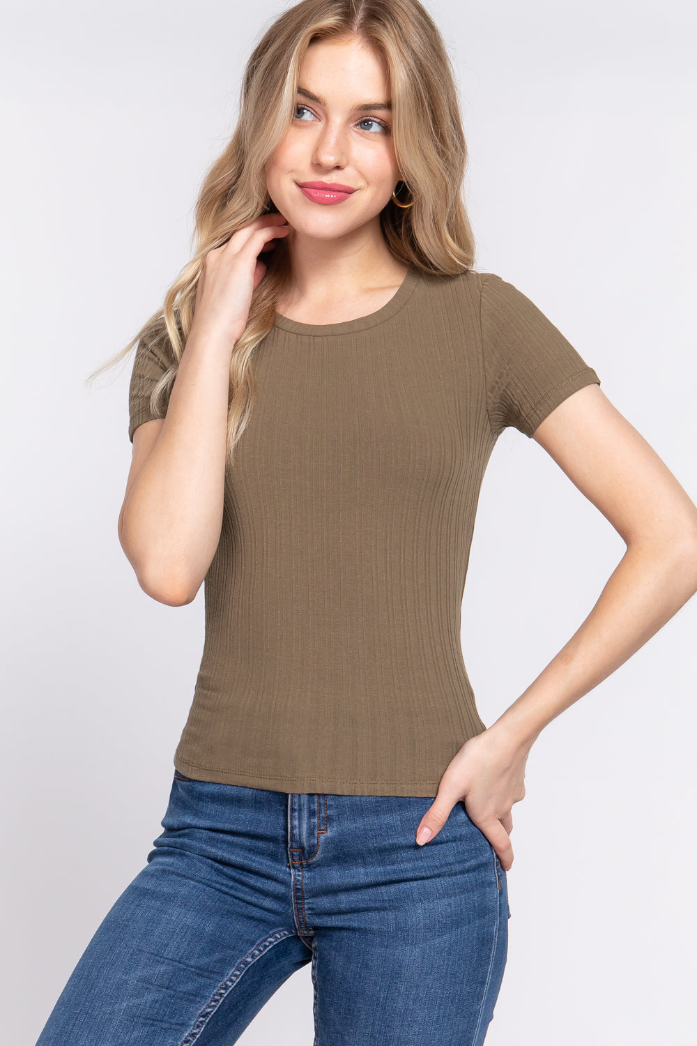 Short Sleeve Crew Neck Variegated Rib Knit Top