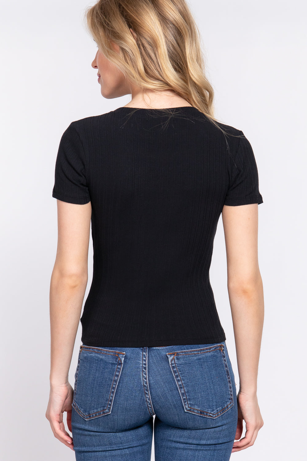 Short Sleeve Crew Neck Variegated Rib Knit Top