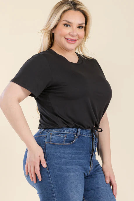 Plus Size Tie Front Drawstring Short Sleeve Crop ToP