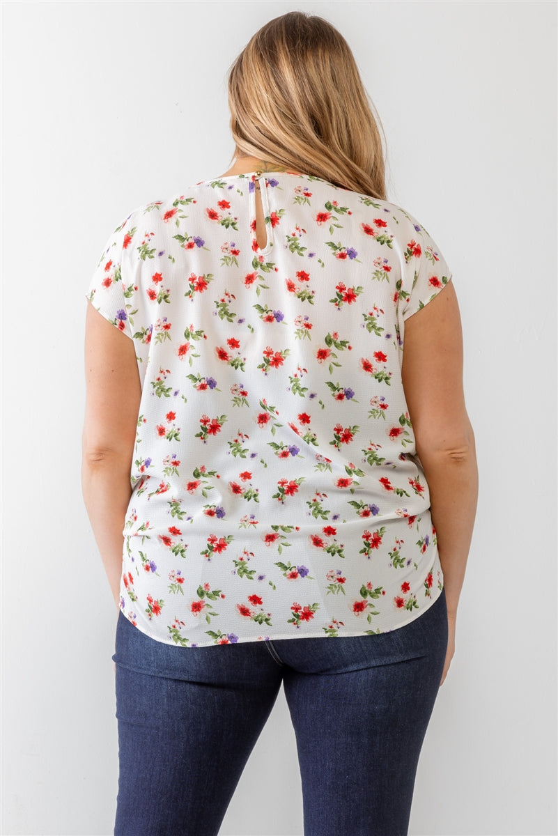 Plus Flower Print Ruched Top in Ivory