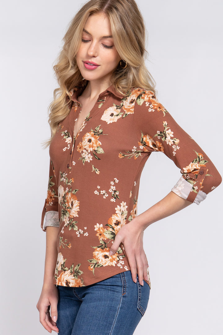 3/4 Roll Up Slv Notched Print Knit Top in Brown