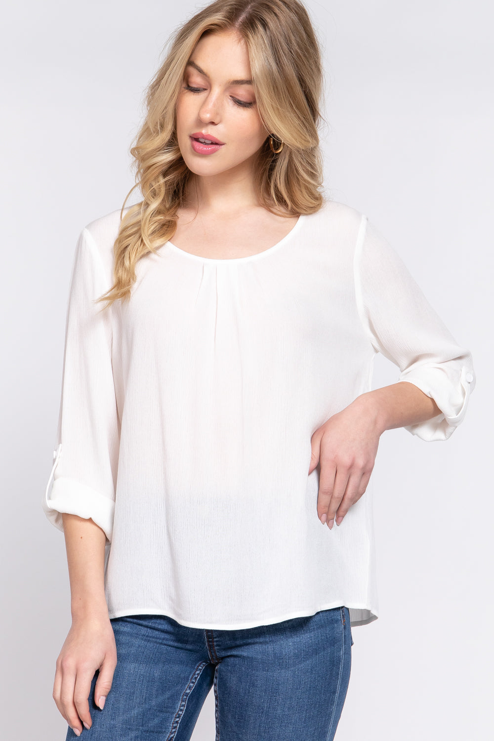 3/4 Roll Up Slv Pleated Blouse in Off White
