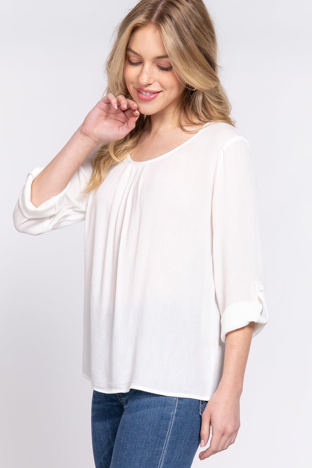 3/4 Roll Up Slv Pleated Blouse in Off White