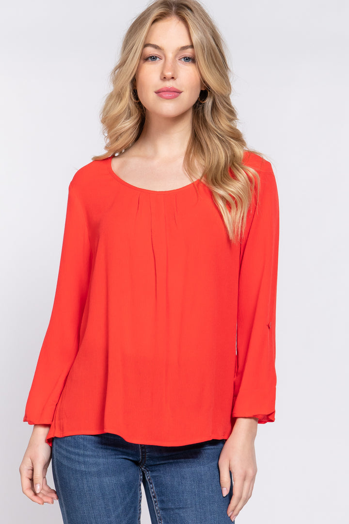 3/4 Roll Up Slv Pleated Blouse in Tomato