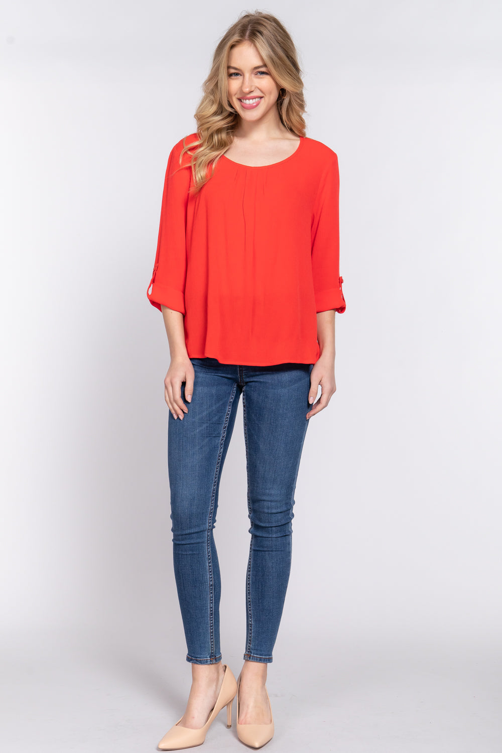 3/4 Roll Up Slv Pleated Blouse in Tomato