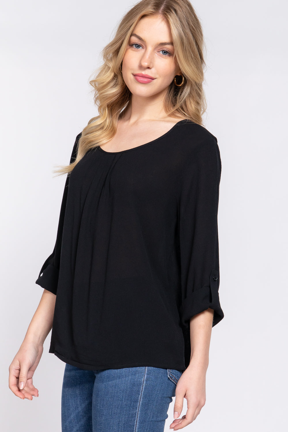 3/4 Roll Up Slv Pleated Blouse in Black