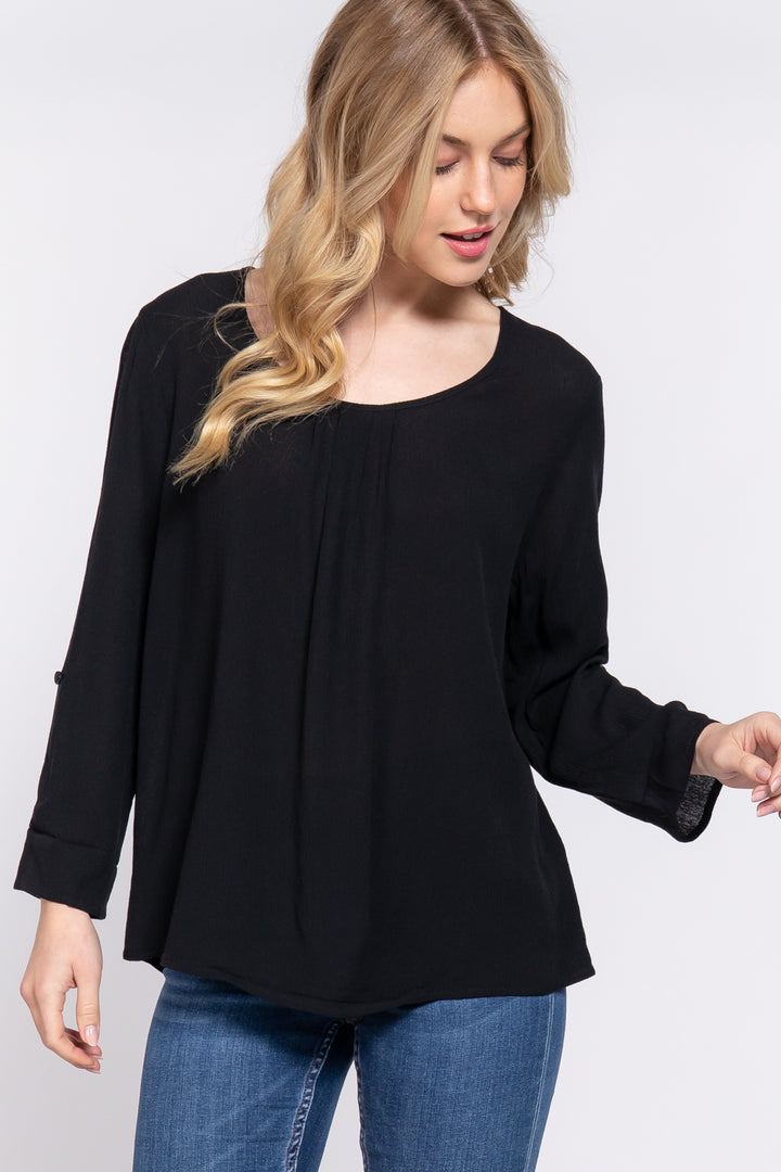 3/4 Roll Up Slv Pleated Blouse in Black