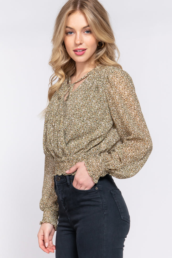 Surplice Smocked Print Chiffon Blouse in Olive