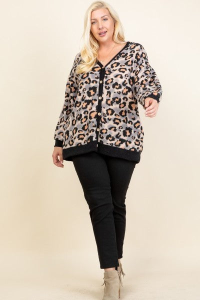 Plus Size Cozy Animal Mir Print With Brush Button Up Cardigan