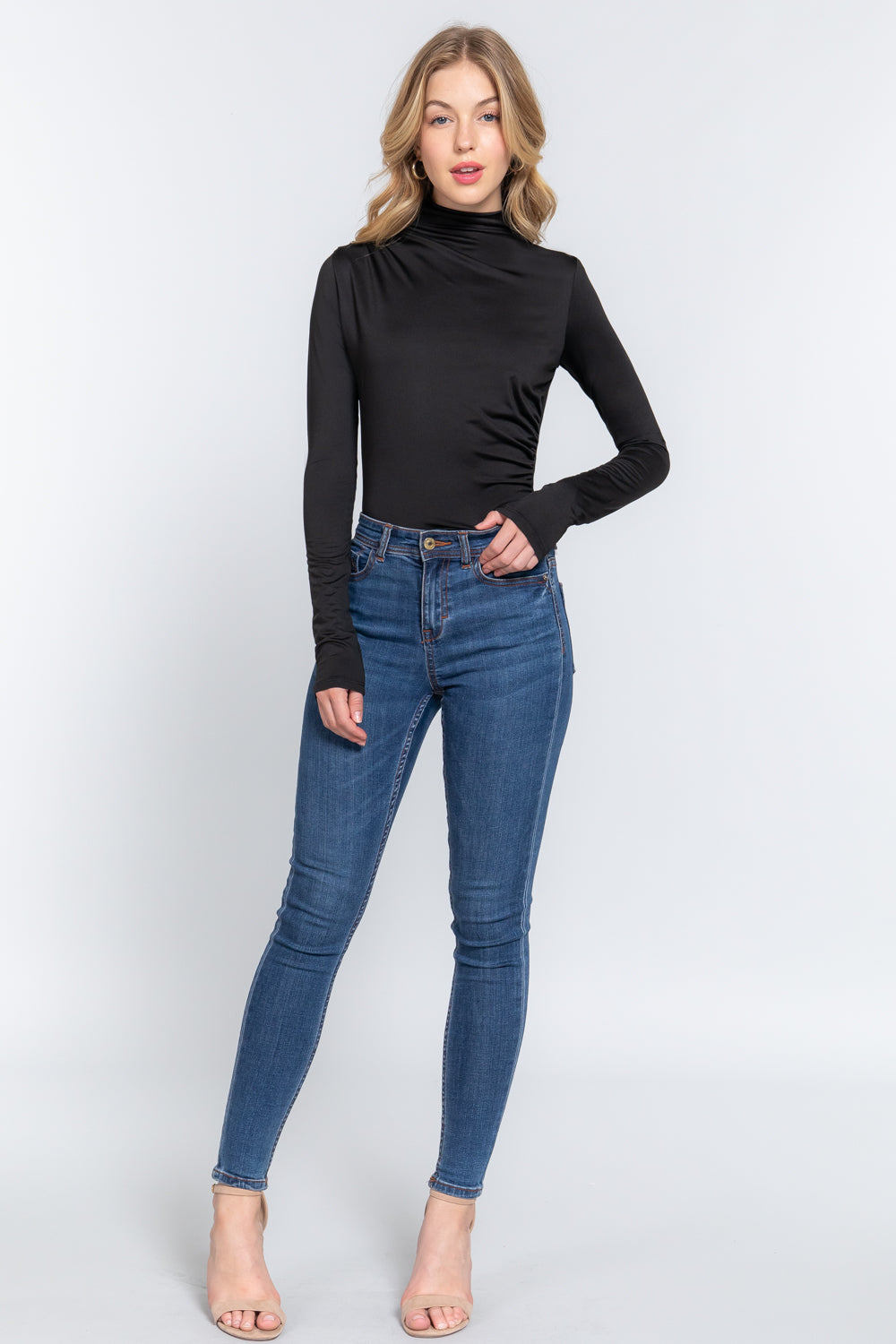 Long Sleeve High Neck Shirring Detail Ity Knit Bodysuit