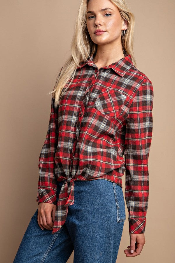 Tie Front Button Down Plaid Shirt With Front Pocket