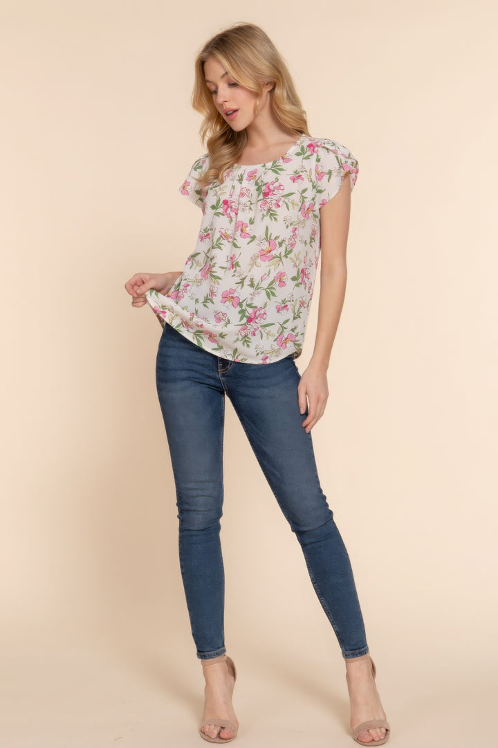 Short Tulip Sleeve Floral Print Woven Top