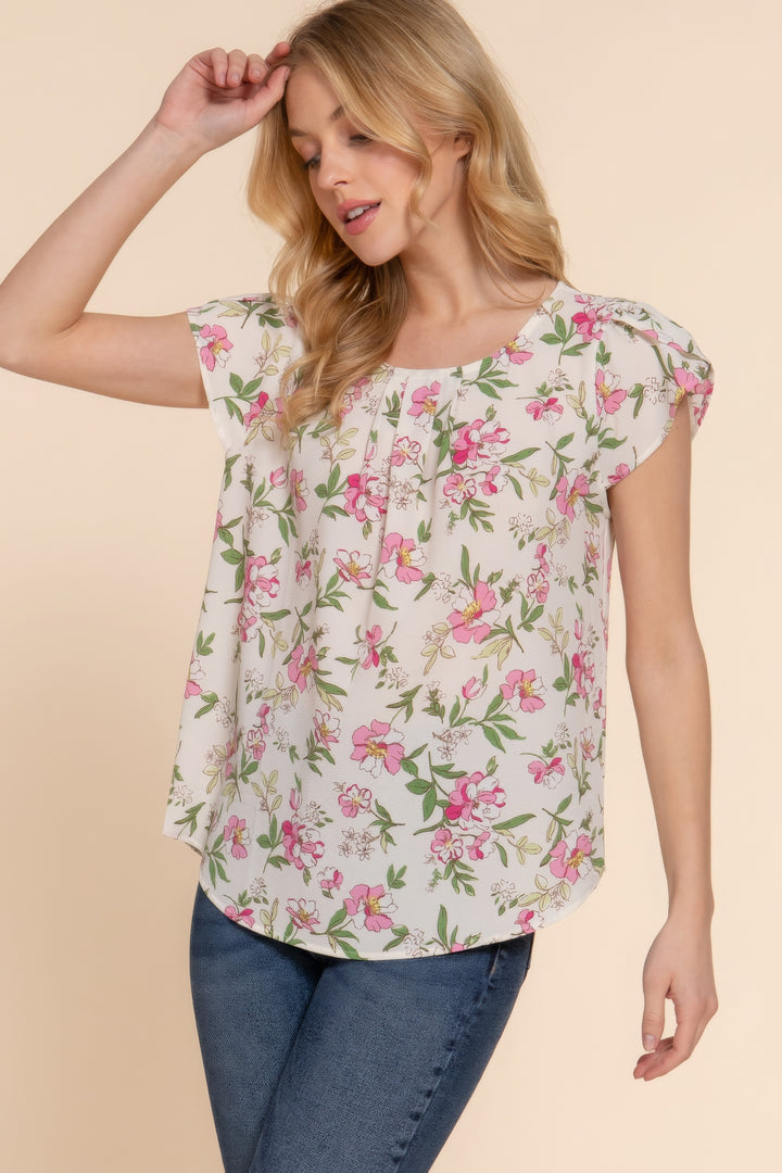Short Tulip Sleeve Floral Print Woven Top