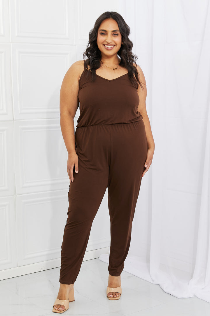 Comfy Casual Full Size Solid Elastic Waistband Jumpsuit in Chocolate