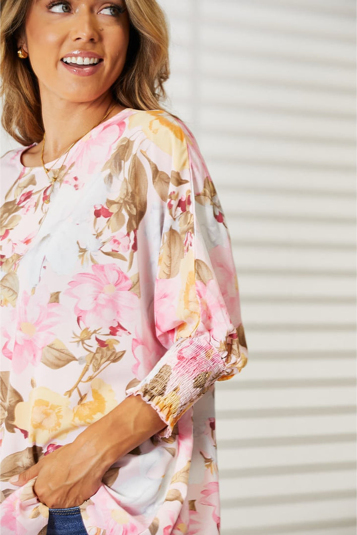 Floral Round Neck Three-Quarter Sleeve Top